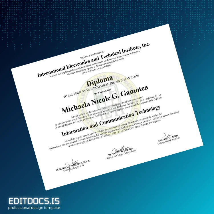 Editable Philippines International Electronics and Technical Institute, Inc. Diploma in Information and Communication Technology Page Preview - EditDocs