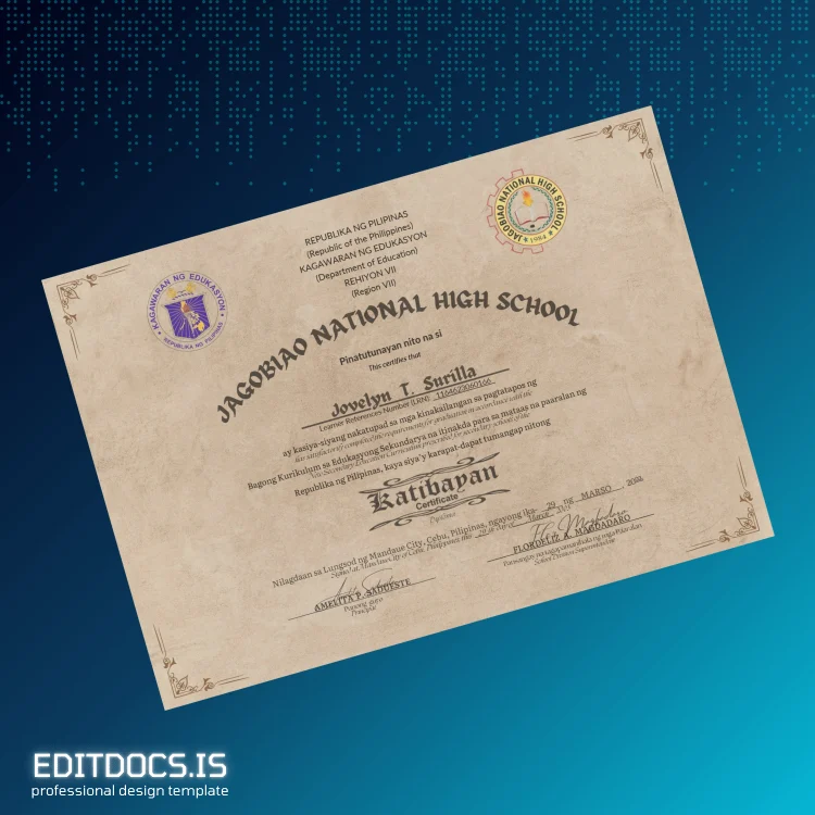 Editable Philippines Jagobiao National High School High School Diploma Template Page Preview - EditDocs