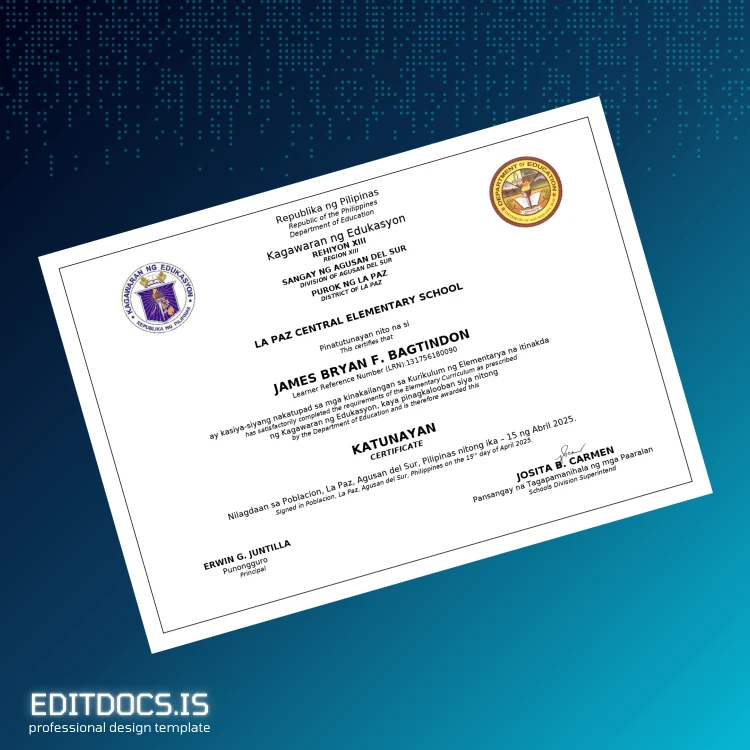 Editable Philippines La Paz Central Elementary School Certificate of Completion Page Preview - EditDocs