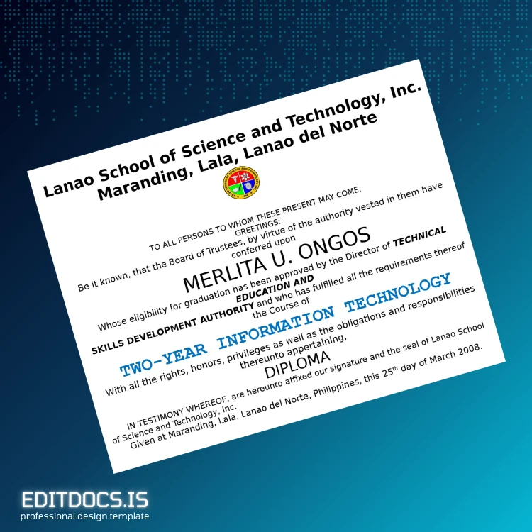 Editable Philippines Lanao School of Science and Technology Inc Two-Year Information Technology Diploma Page Preview - EditDocs