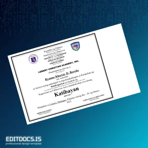 Editable Philippines Lemery Christian Academy Inc Kindergarten Diploma Page Preview - EditDocs