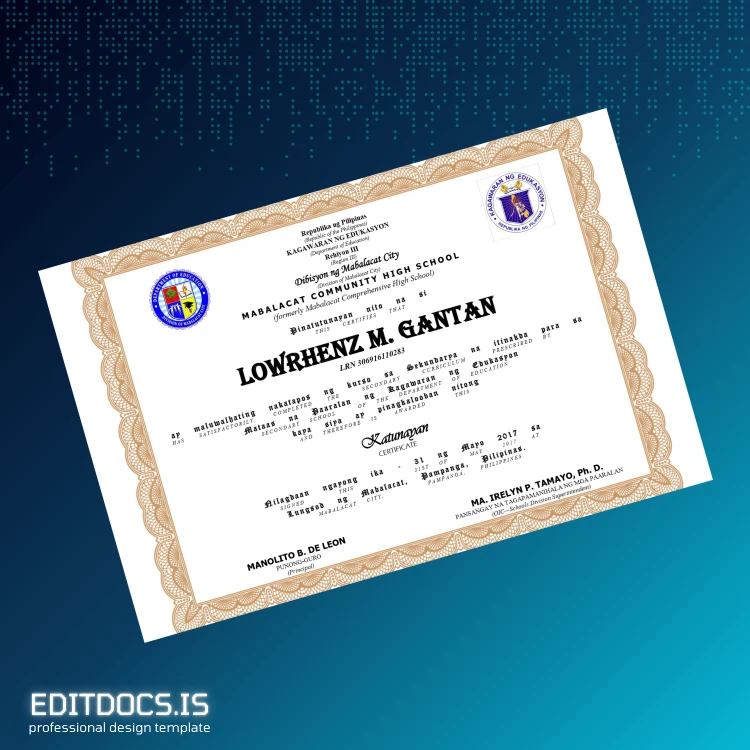 Editable Philippines Mabalacat Community High School High School Diploma Page Preview - EditDocs