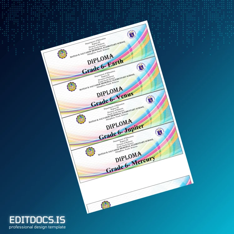 Editable Philippines Matias B. Salvador Memorial Elementary School Kindergarten and Grade 6 Diploma Template Page Preview - EditDocs