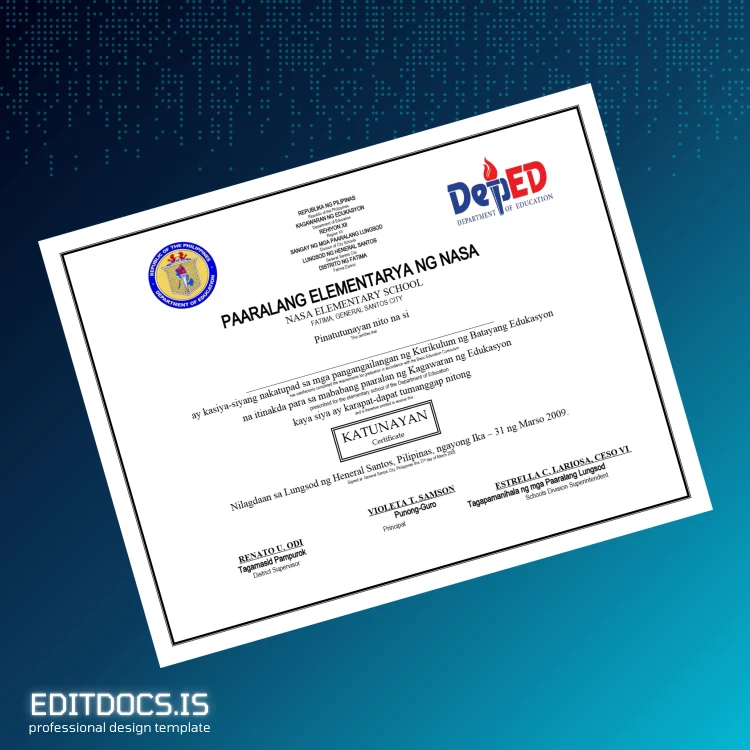 Editable Philippines NASA Elementary School Certificate Template Page Preview - EditDocs