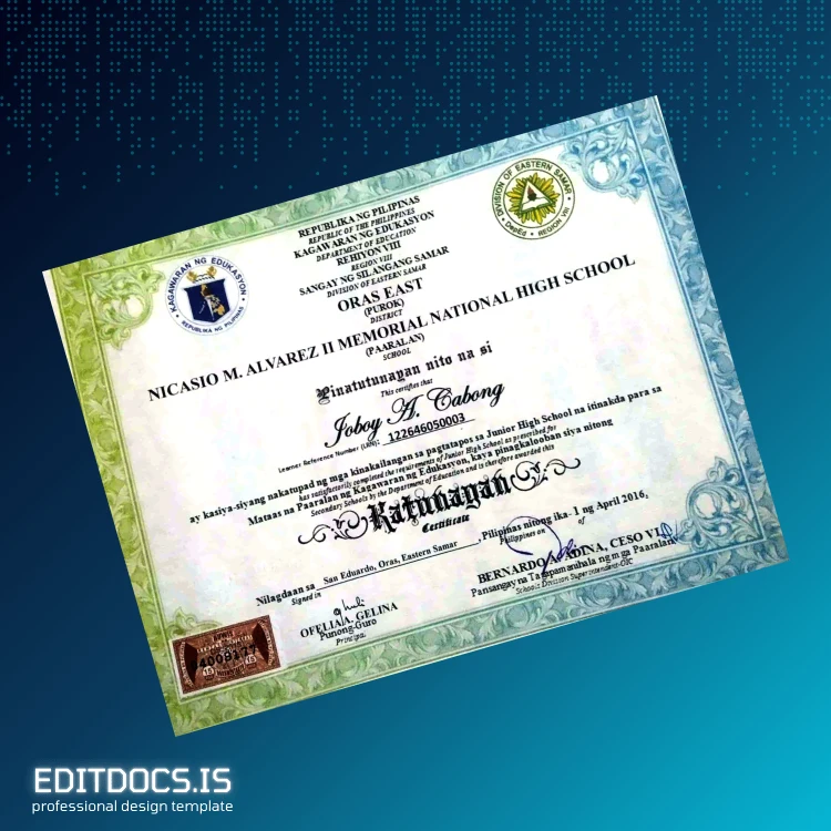 Editable Philippines Nicasio M. Alvarez II Memorial National High School Junior High School Certificate Page Preview - EditDocs