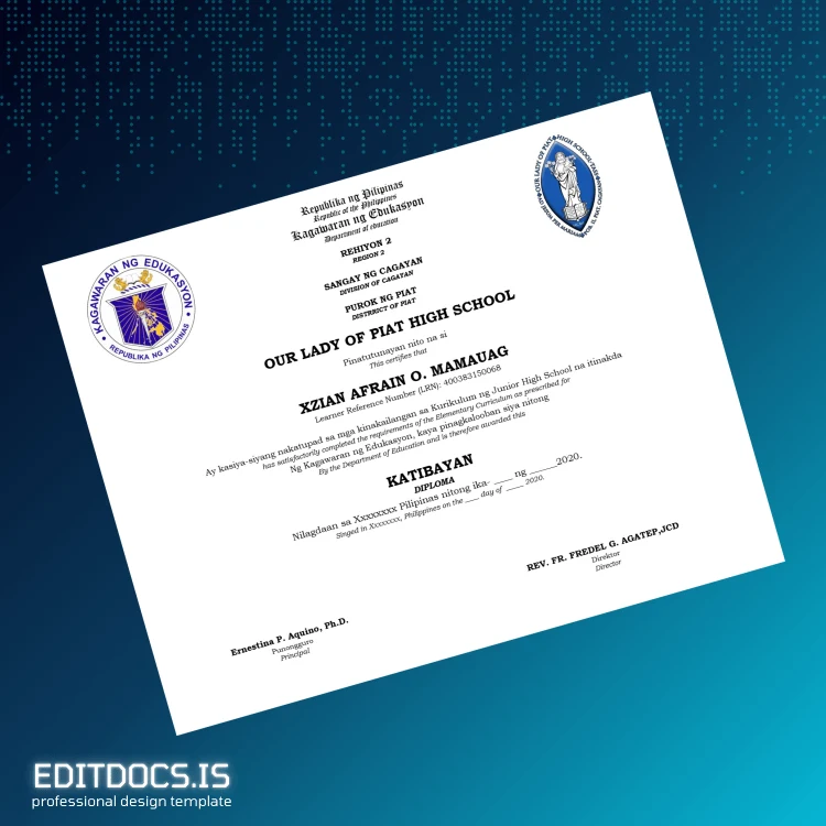 Editable Philippines Our Lady of Piat High School Junior High School Diploma Page Preview - EditDocs