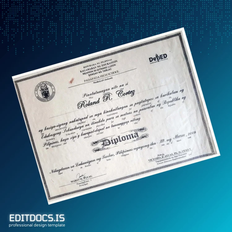 Editable Philippines Padapada High School High School Diploma Template Page Preview - EditDocs
