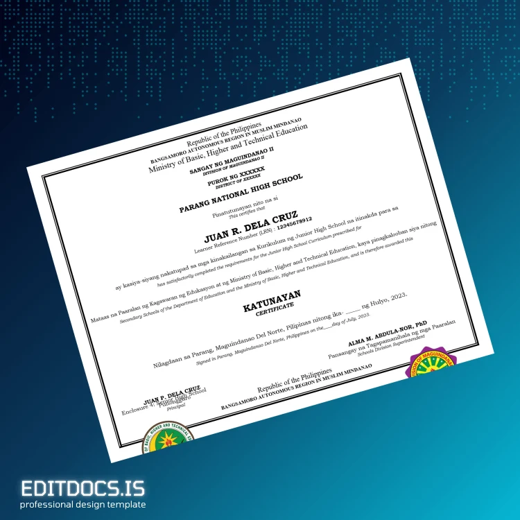 Editable Philippines Parang Central Elementary School Elementary Level (Grade 6) Diploma page 3 Page Preview - EditDocs