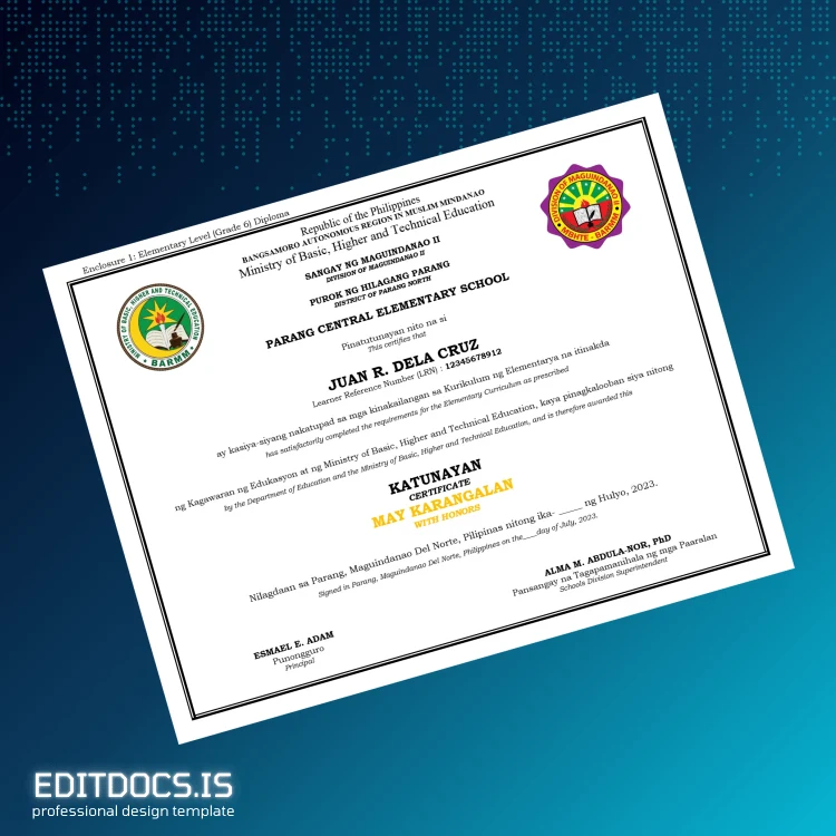 Editable Philippines Parang Central Elementary School Elementary Level (Grade 6) Diploma Page Preview - EditDocs