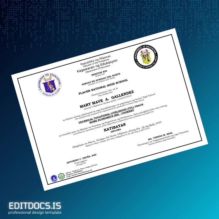 Editable Philippines Placer National High School High School Diploma Page Preview - EditDocs