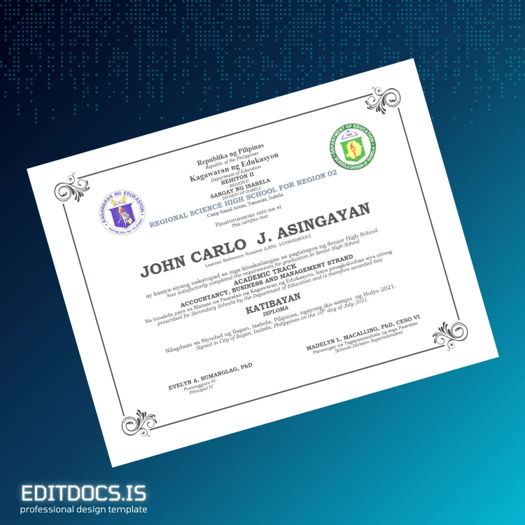 Editable Philippines Regional Science High School for Region 02 High School Diploma Page Preview - EditDocs