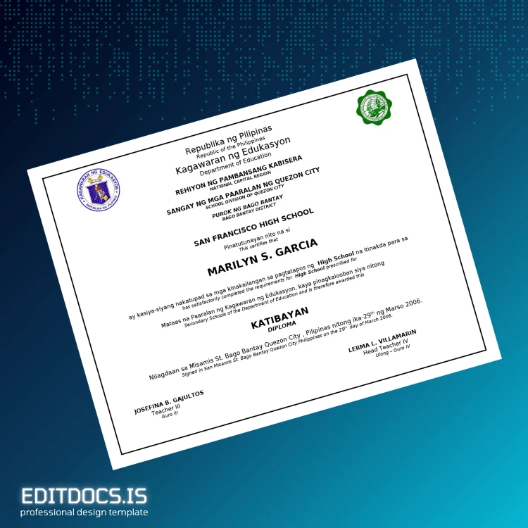 Editable Philippines San Francisco High School High School Diploma Page Preview - EditDocs