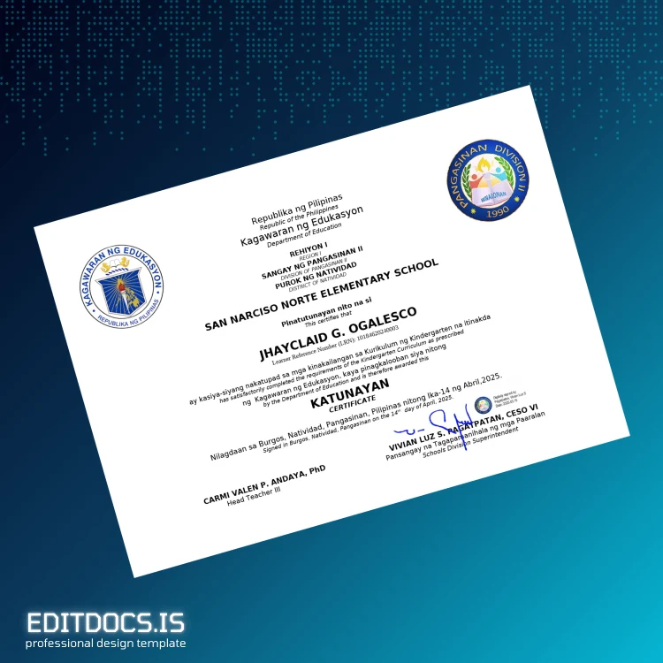 Editable Philippines San Narciso Norte Elementary School Kindergarten Diploma Template page 3 Page Preview - EditDocs