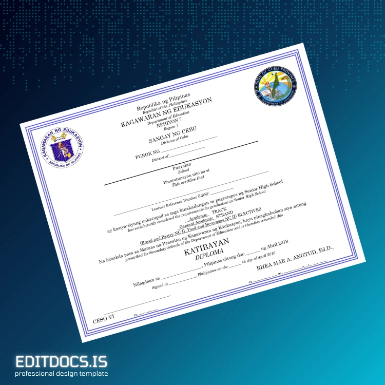 Editable Philippines Sangay ng Cebu Senior High Diploma Page Preview - EditDocs
