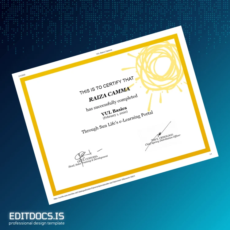 Editable Philippines Sun Life VUL Basics Diploma Certificate Page Preview - EditDocs
