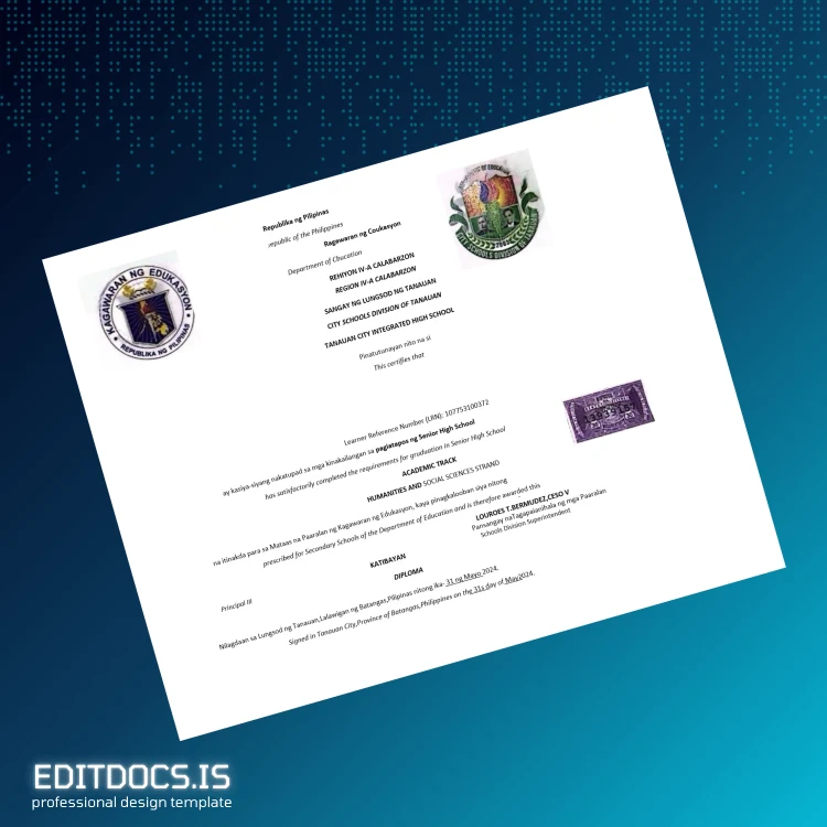Editable Philippines Tanauan City Integrated High School High School Diploma Template Page Preview - EditDocs