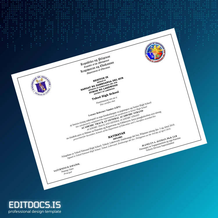 Editable Philippines Tubod High School High School Diploma Page Preview - EditDocs
