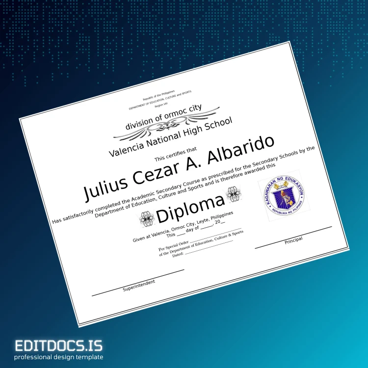 Editable Philippines Valencia National High School High School Diploma Page Preview - EditDocs