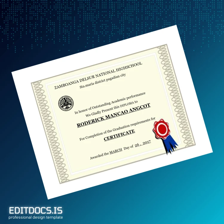 Editable Philippines Zamboanga Delsur National Highschool Certificate Template Page Preview - EditDocs