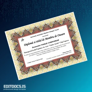 Editable Romania Asociatia Artistilor Plastici Campia Turzii Honorary Member Diploma Template Page Preview - EditDocs