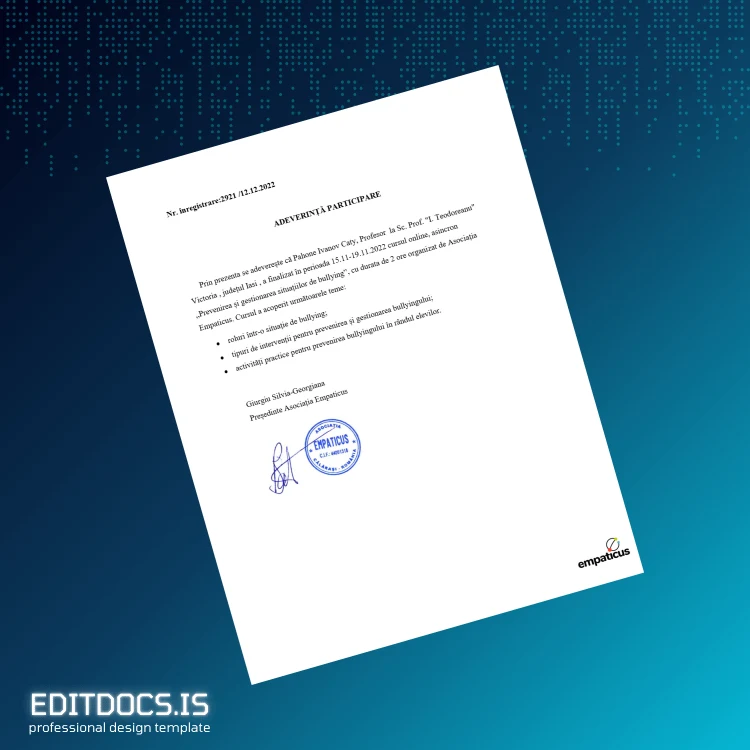 Editable Romania Empaticus Participation Certificate Template Page Preview - EditDocs