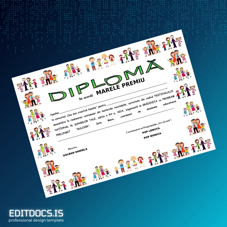 Editable Romania Guliver Kindergarten Eco Costume Diploma Page Preview - EditDocs