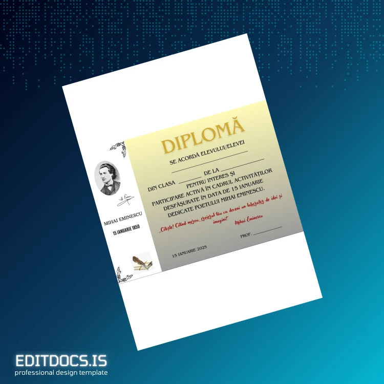 Editable Romania Mihai Eminescu High School Diploma Page Preview - EditDocs