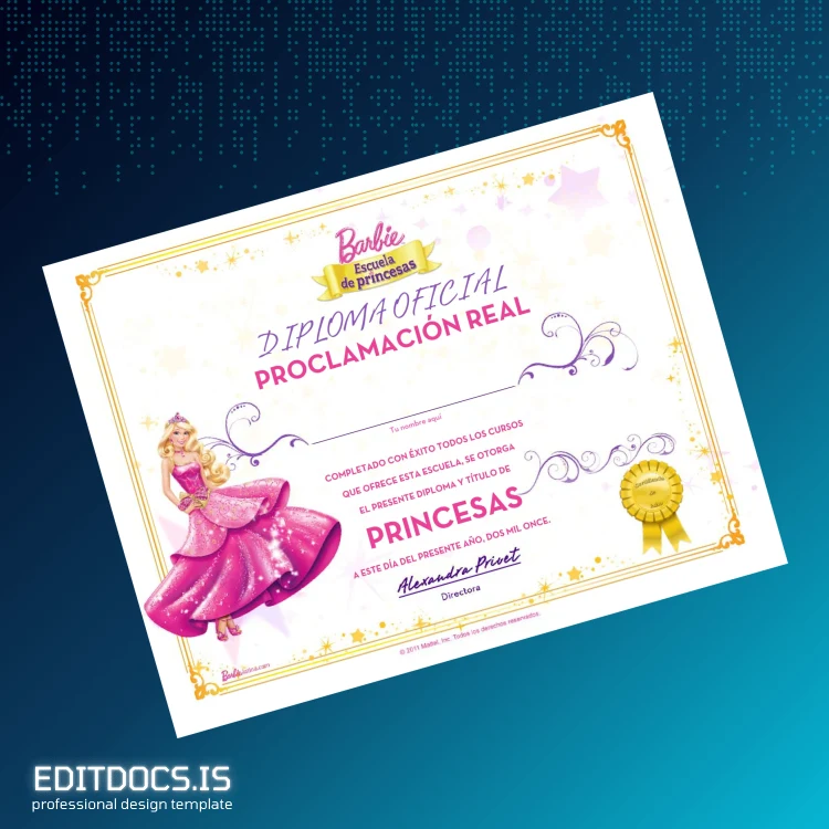 Editable Spain Barbie Princess School Princess Diploma Template Page Preview - EditDocs