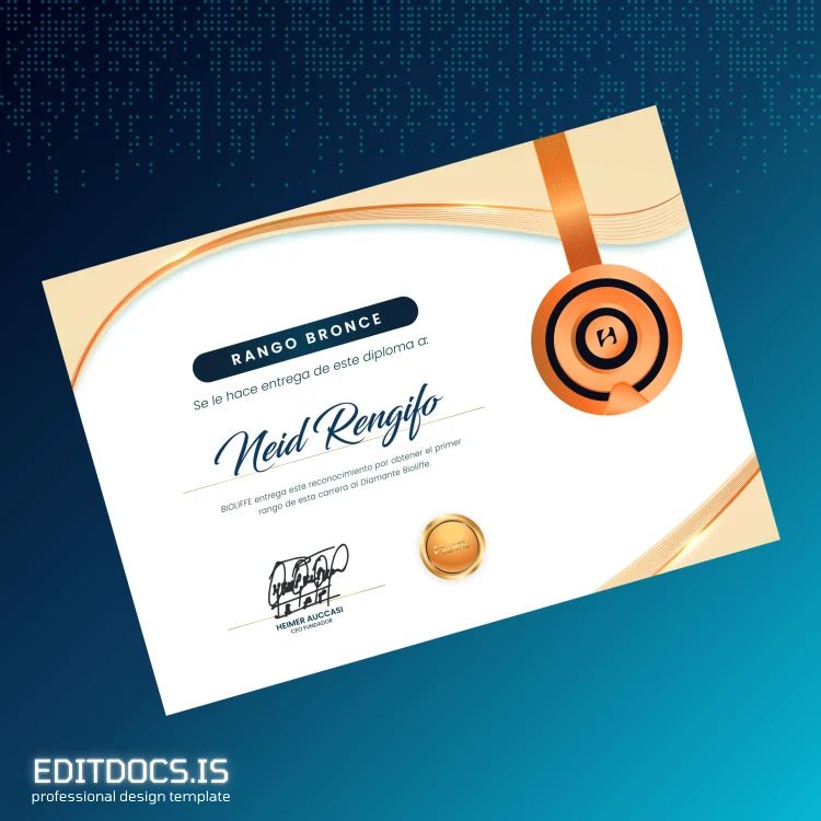 Editable Spain Bioliffe Bronze Rank Diploma Template Page Preview - EditDocs