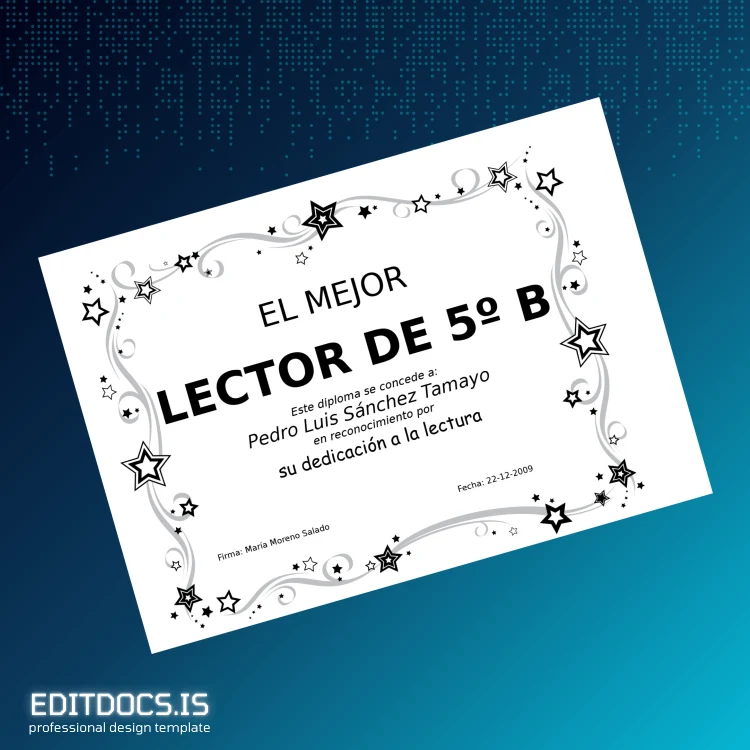 Editable Spain Diploma Pedro Best Reader Award Template Page Preview - EditDocs