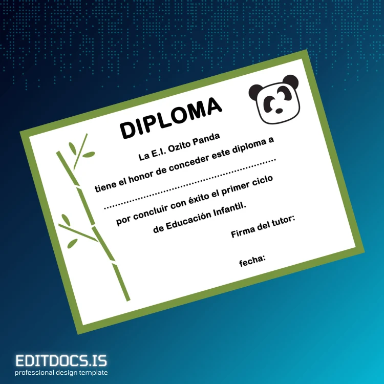 Editable Spain E.I. Ozito Panda Diploma Template Page Preview - EditDocs