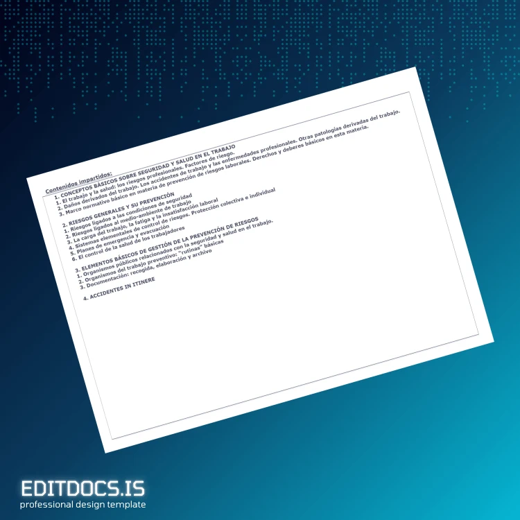 Editable Spain Employment for All S.L. Diploma in Occupational Risk Prevention 50 Hours Certificate page 4 Page Preview - EditDocs