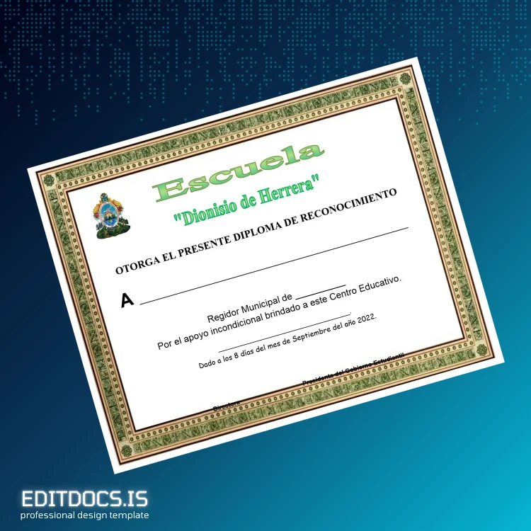 Editable Spain Escuela _Dionisio de Herrera_ Recognition Diploma Template Page Preview - EditDocs