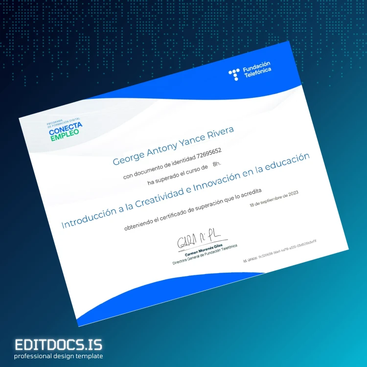 Editable Spain Fundación Telefónica Course Certificate in Creativity and Innovation in Education Page Preview - EditDocs