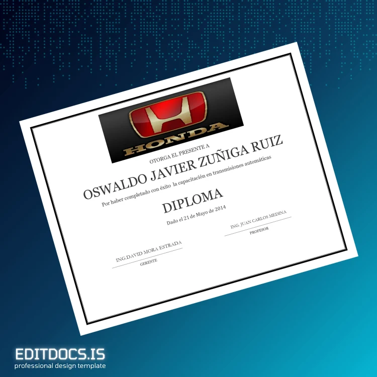 Editable Spain Honda Diploma Template Page Preview - EditDocs