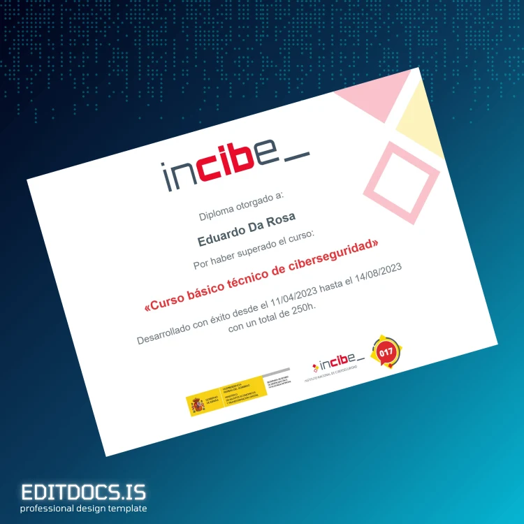 Editable Spain INCIBE Basic Technical Course in Cybersecurity Diploma Page Preview - EditDocs