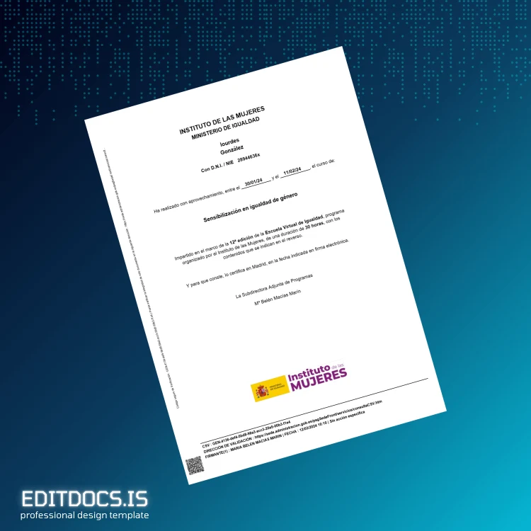 Editable Spain Instituto de las Mujeres Certificate in Gender Equality Awareness Template Page Preview - EditDocs
