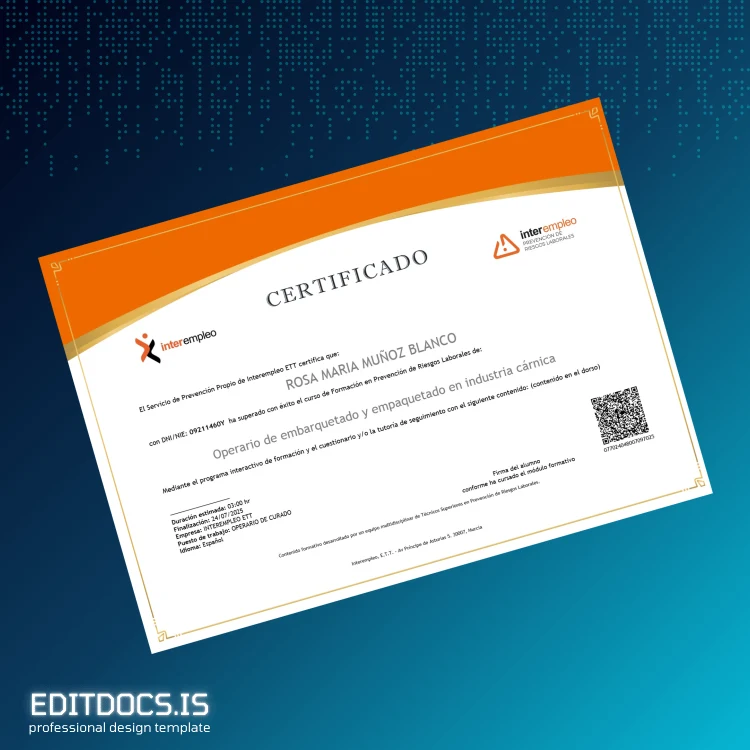 Editable Spain Interempleo ETT Certificate in Occupational Risk Prevention for Meat Industry Packaging Operator Page Preview - EditDocs