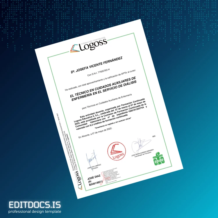 Editable Spain Logoss Educativa II, S.L. Technician in Auxiliary Nursing Care Diploma Page Preview - EditDocs