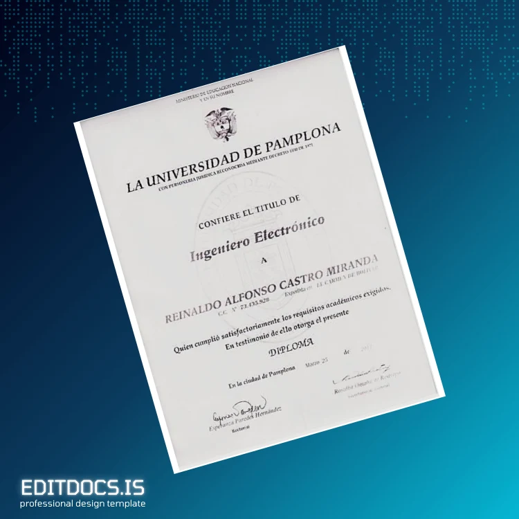 Editable Spain University of Pamplona Engineering Diploma Template Page Preview - EditDocs