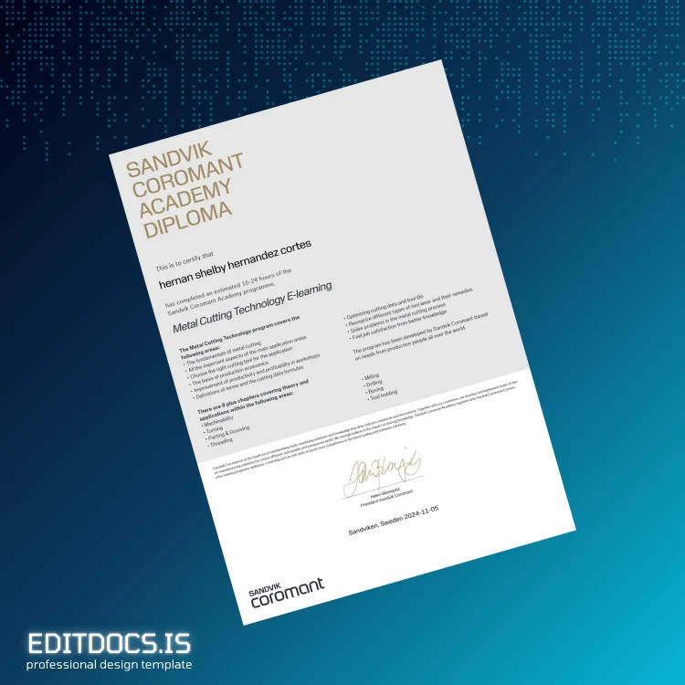 Editable Sweden Sandvik Coromant Academy Metal Cutting Technology E-learning Diploma Page Preview - EditDocs