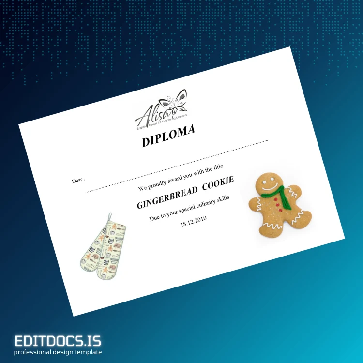 Editable Turkey Alisa English Center for Very Young Learners Culinary Diploma Page Preview - EditDocs