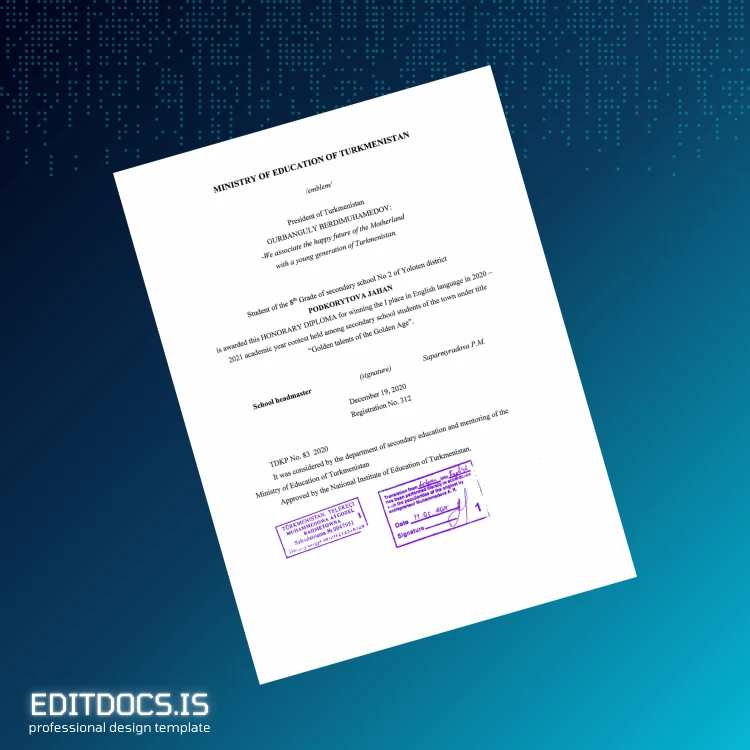 Editable Turkmenistan Turkmenistan Institute Honorary Diploma Template page 2 Page Preview - EditDocs