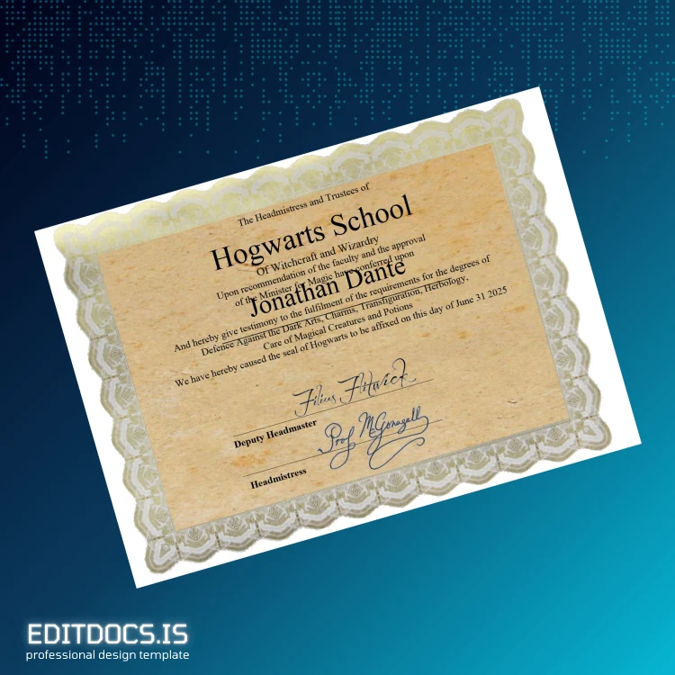 Editable UK Hogwarts School Diploma in Witchcraft and Wizardry Page Preview - EditDocs