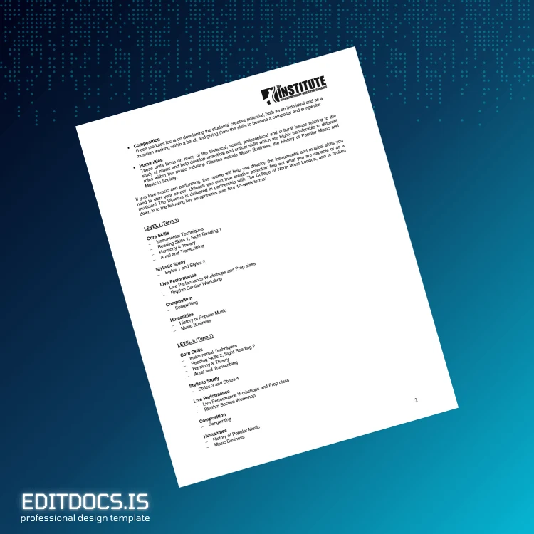 Editable UK Institute of Contemporary Music Performance Diploma in Guitar Performance page 2 Page Preview - EditDocs