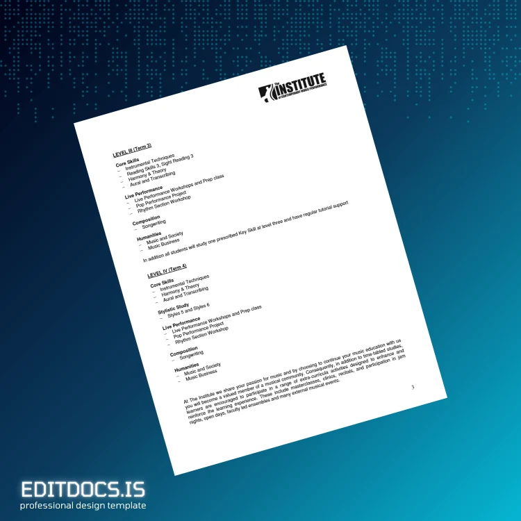 Editable UK Institute of Contemporary Music Performance Diploma in Guitar Performance page 3 Page Preview - EditDocs