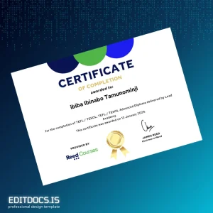 Editable UK Lead Academy TEFL TESOL Advanced Diploma Certificate Page Preview - EditDocs