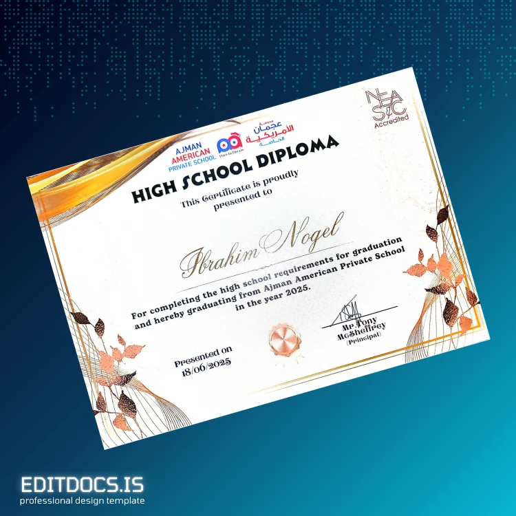 Editable USA Ajman American Private School High School Diploma Template Page Preview - EditDocs