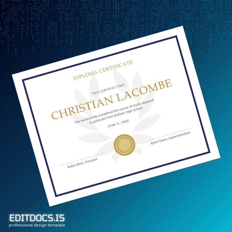 Editable USA Bellows High School High School Diploma Template Page Preview - EditDocs