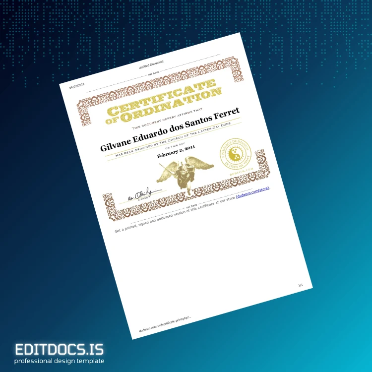 Editable USA Dudeism Certificate of Ordination Template Page Preview - EditDocs